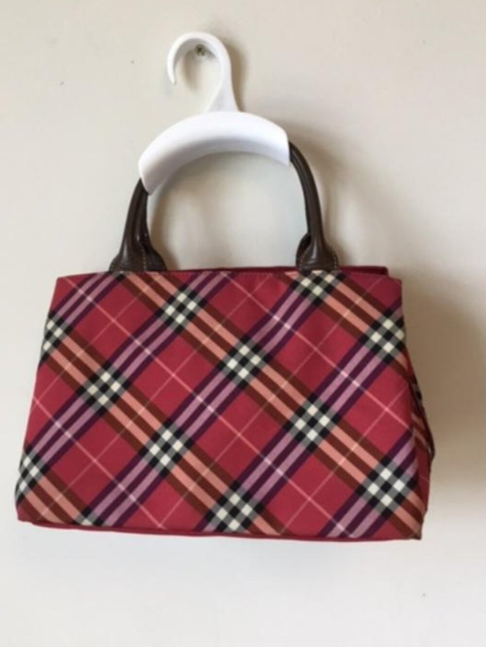 Burberry Blue Label Red Nova Check Mini Tote Bag w/Brown Leather Handles EUC - Picture 2 of 11